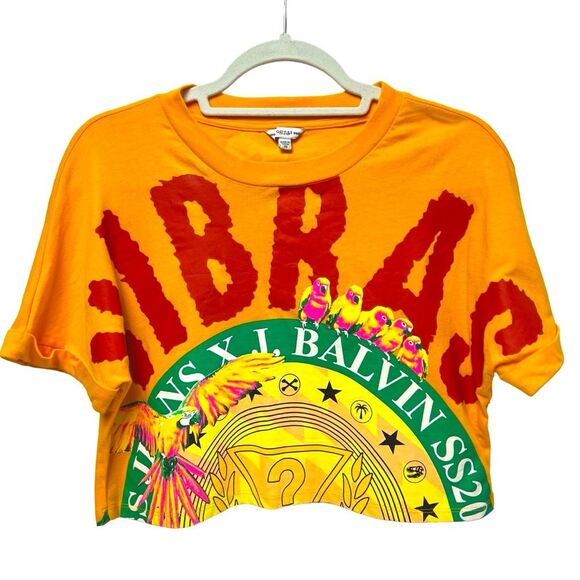 Guess X J. Balvin VIBRAS Graphic Cropped T-Shirt Bright Orange Yellow Rare XS - Picture 1 of 6